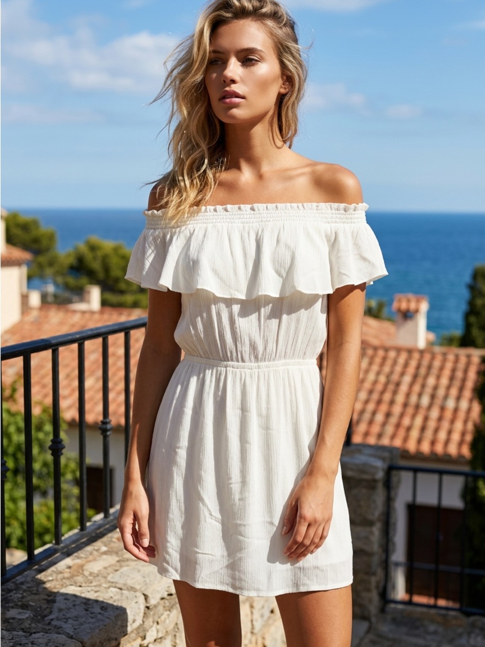 Express Ivory Ruffle Off-Shoulder Mini Dress